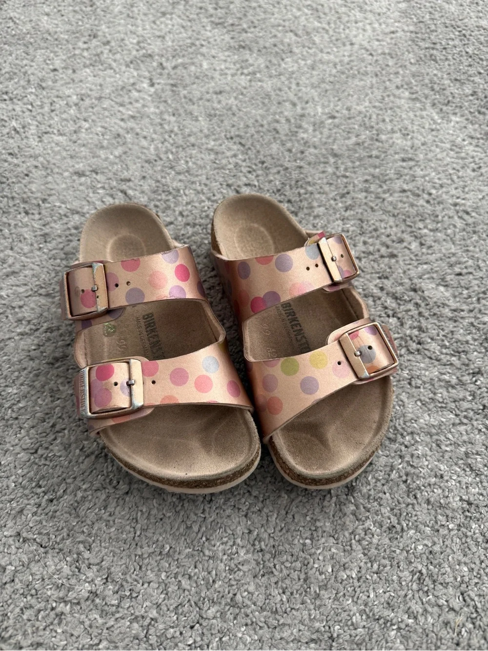 Birkenstock Girl's Arizona Rose Gold Polka Dot Leather Sandals Size 28/C10